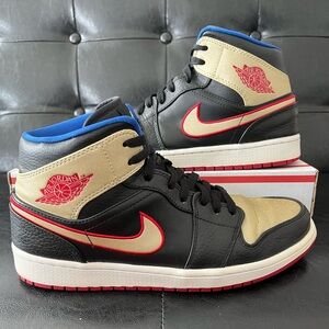 Jordan 1 Mid Black Gold Red